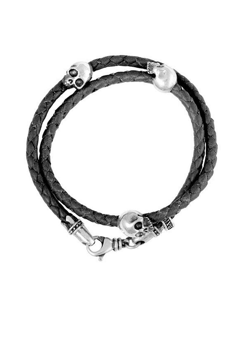 King Baby Studio Thin Braided Black Leather with Hamlet Skulls Double Wrap Bracelet, Main, color, 