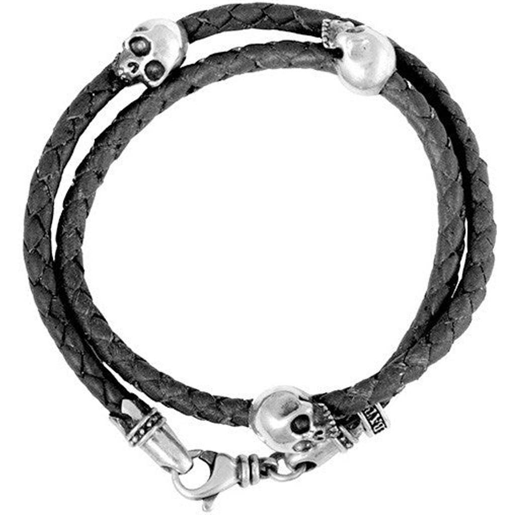 KING BABY STUDIO KING BABY STUDIO THIN BRAIDED BLACK LEATHER WITH HAMLET SKULLS DOUBLE WRAP BRACELET
