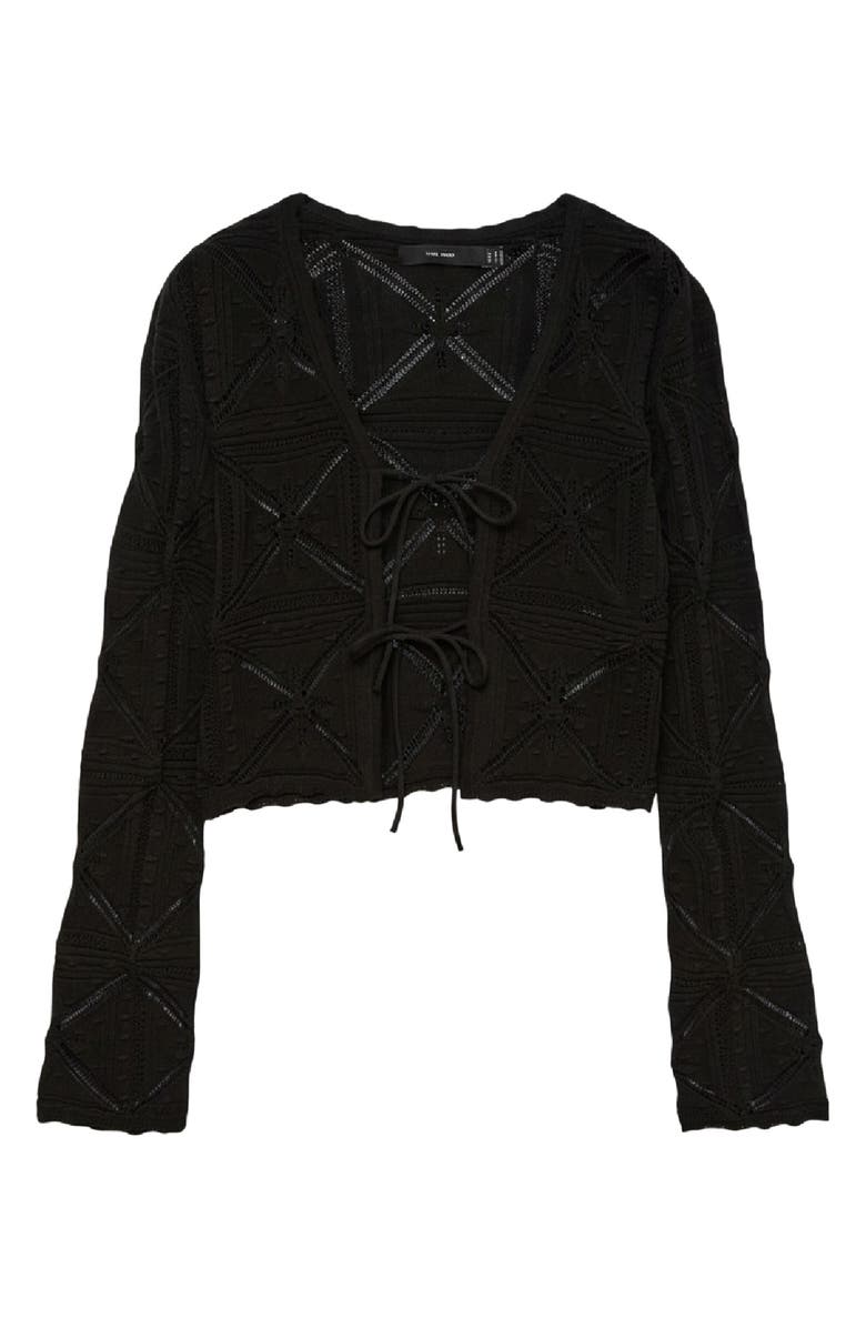VERO MODA Lola Tie Front Pointelle Knit Cotton Cardigan, Alternate, color, Black