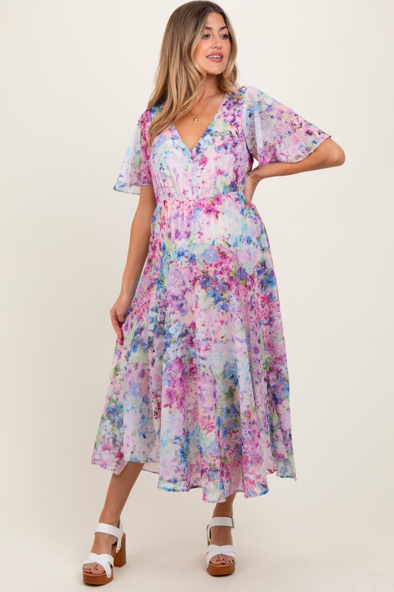 Watercolor Floral Flutter Sleeve Midi Dress, Alternate, color, Light Pink