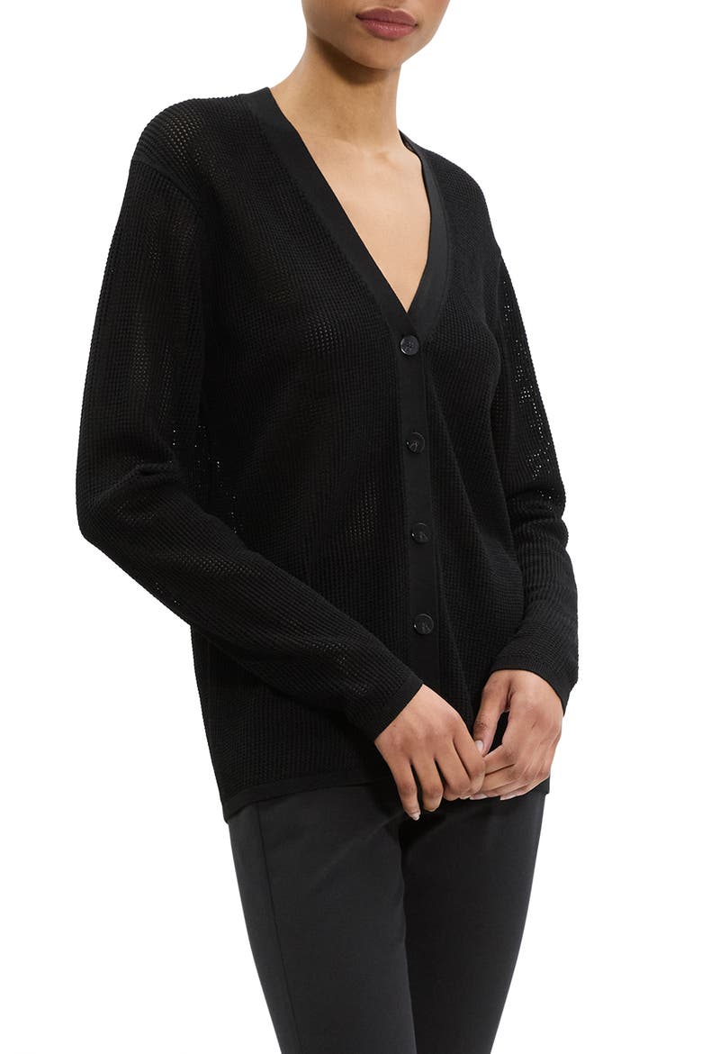 Pointelle V-Neck Cardigan, Alternate, color, BLACK