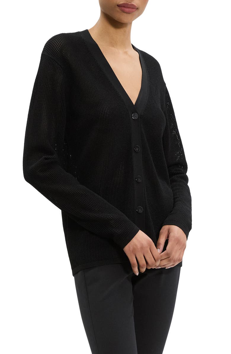 Theory Pointelle V-Neck Cardigan, Alternate, color, Black