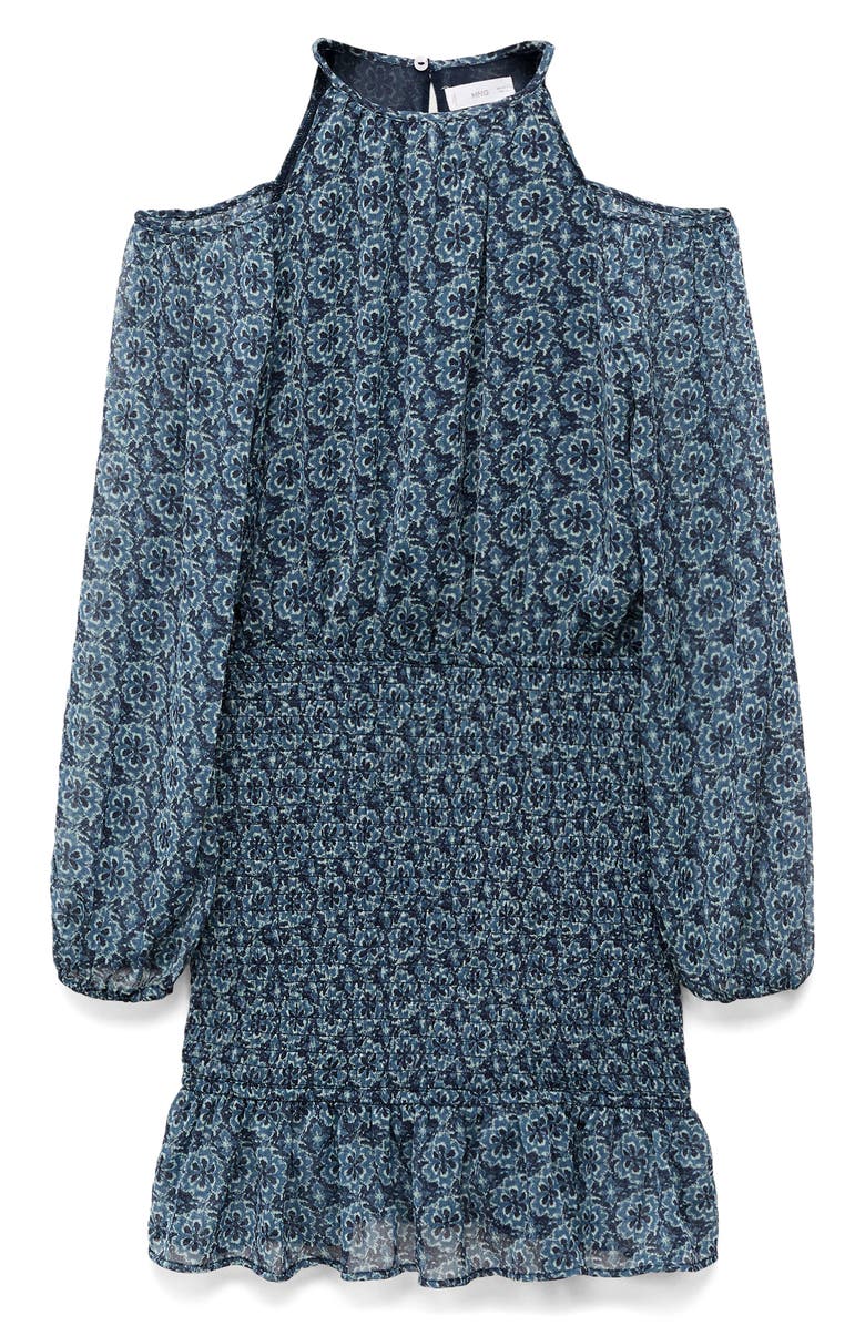 MANGO TEEN Cold Shoulder Long Sleeve Smocked Dress, Alternate, color, Petrol Blue