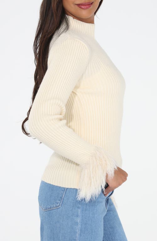 Rain And Rose Faux Feather Cuff Ribbed Sweater In White