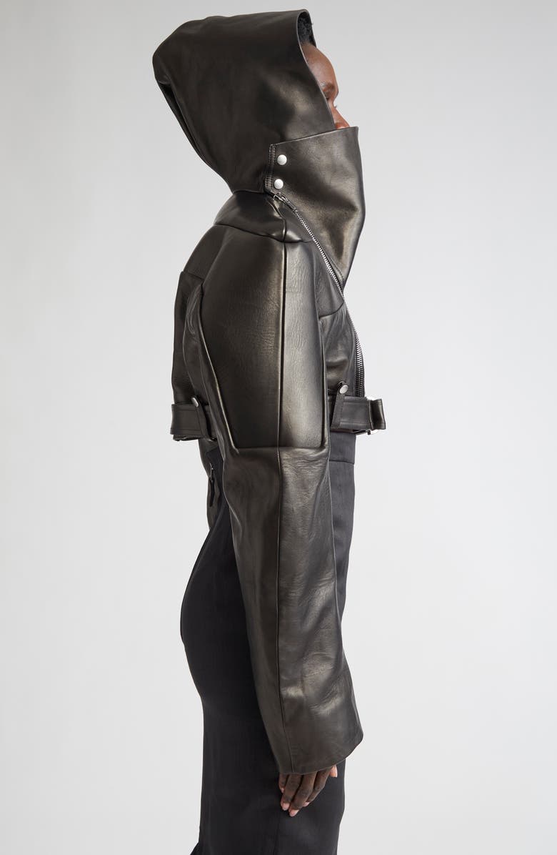 Rick Owens Hooded Leather Micro Moto Jacket, Alternate, color, 