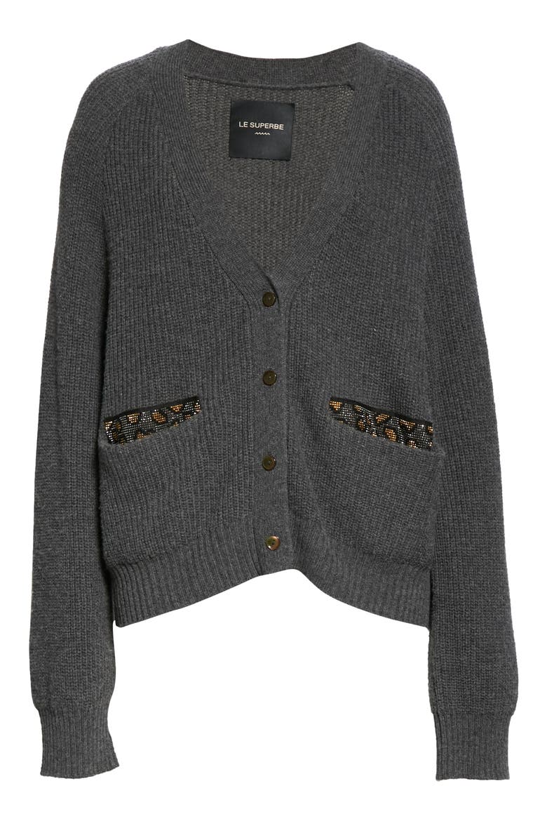 B2B Embellished Pocket Wool Blend Cardigan, Alternate, color, CHARCOAL