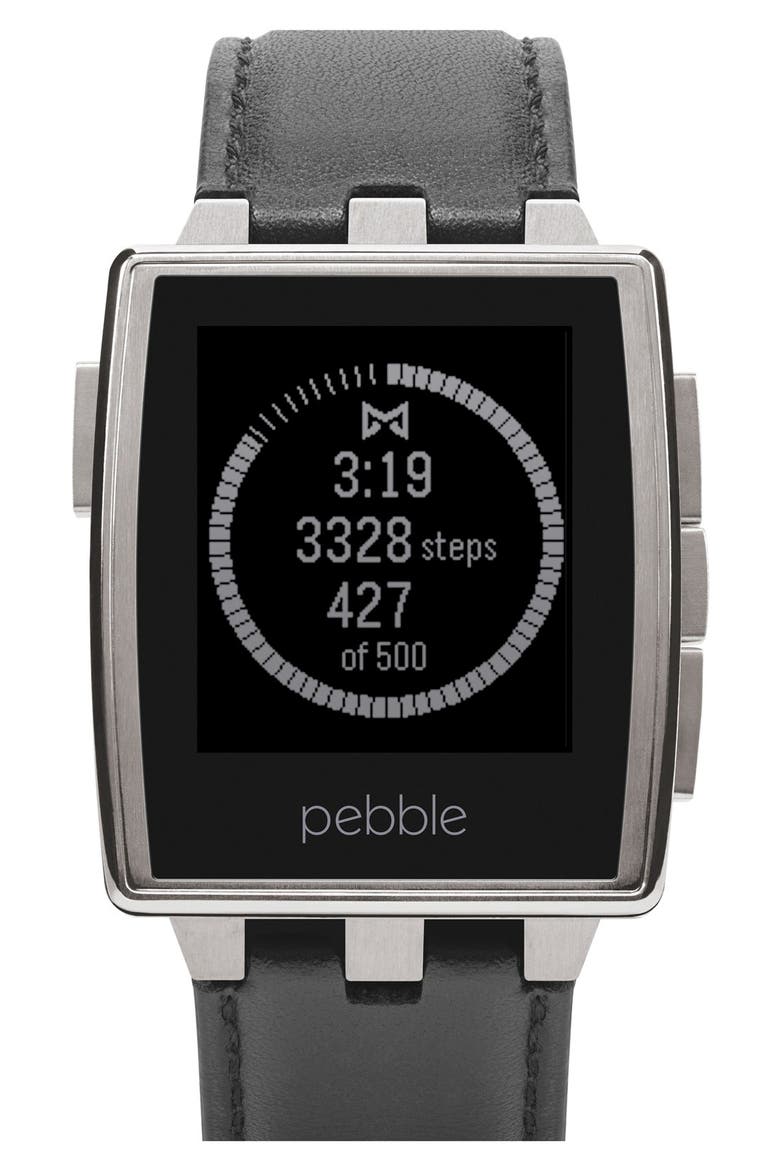 Rectangular Leather Strap Smart Watch, 43mm, Main, color, SILVER/ BLACK