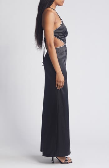 Embellished Trim Cutout Satin Halter Gown