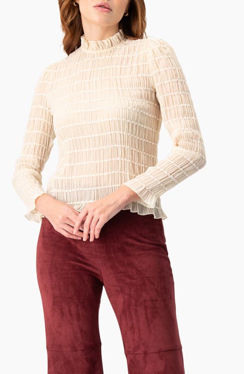 Textured Long Sleeve Blouse with High Neck