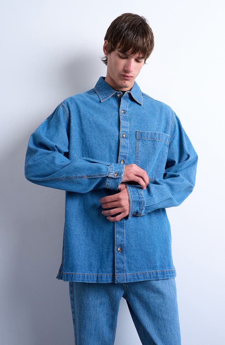 Topman Washed Denim Overshirt, Main, color, Medium Blue