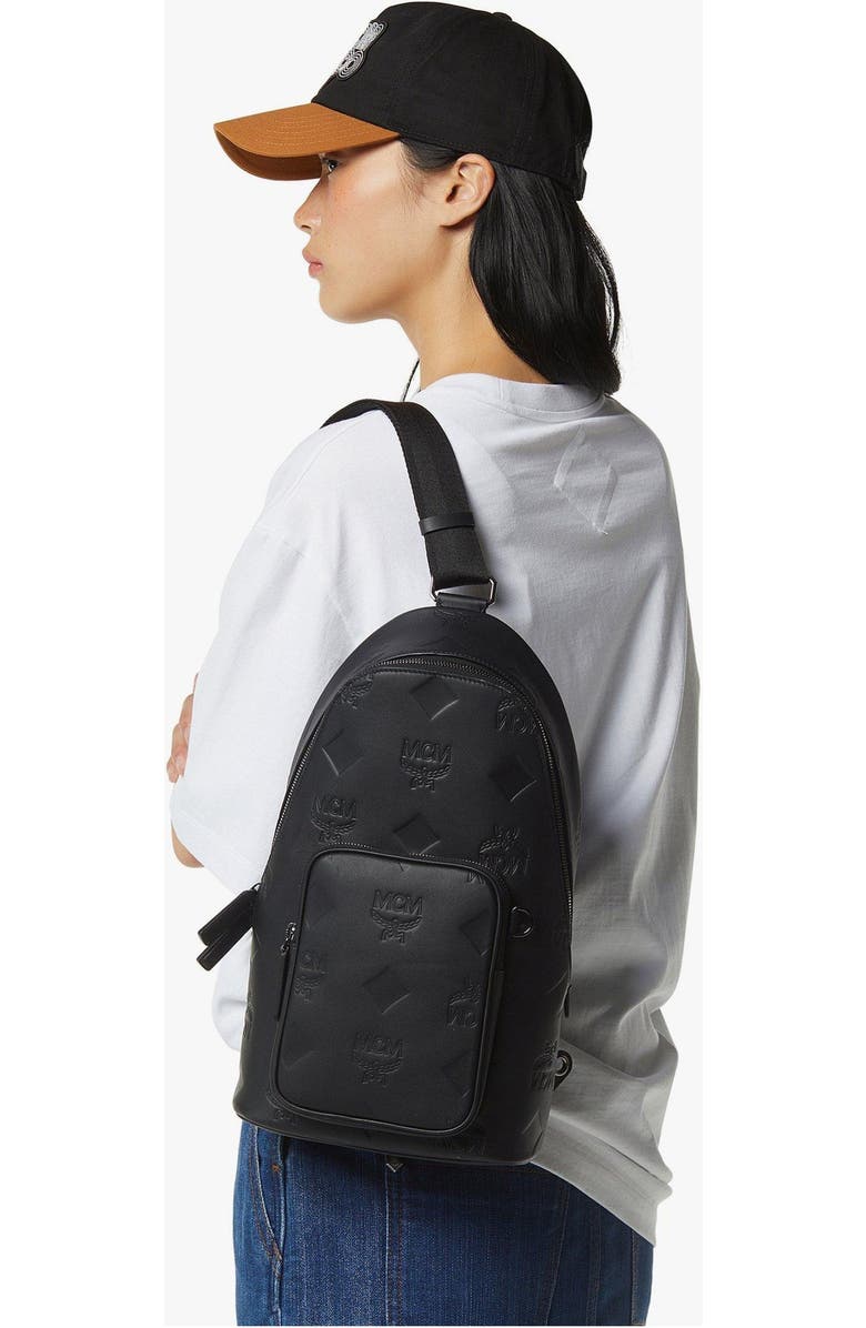 MCM Aren Sling Bag in Embossed Monogram Leather, Alternate, color, Black