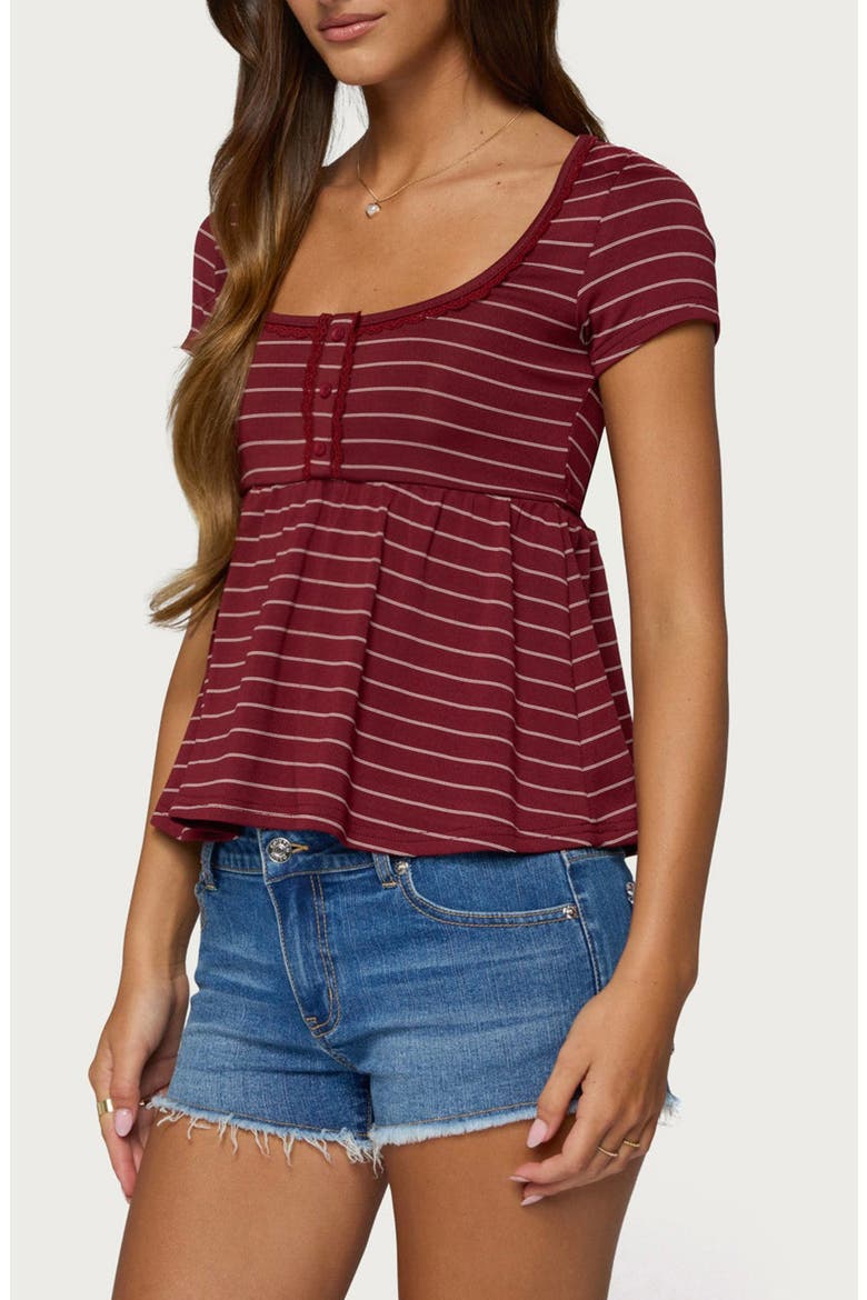 Jina Stripe Trim Lace Trim Babydoll Top, Alternate, color, BURGUNDY