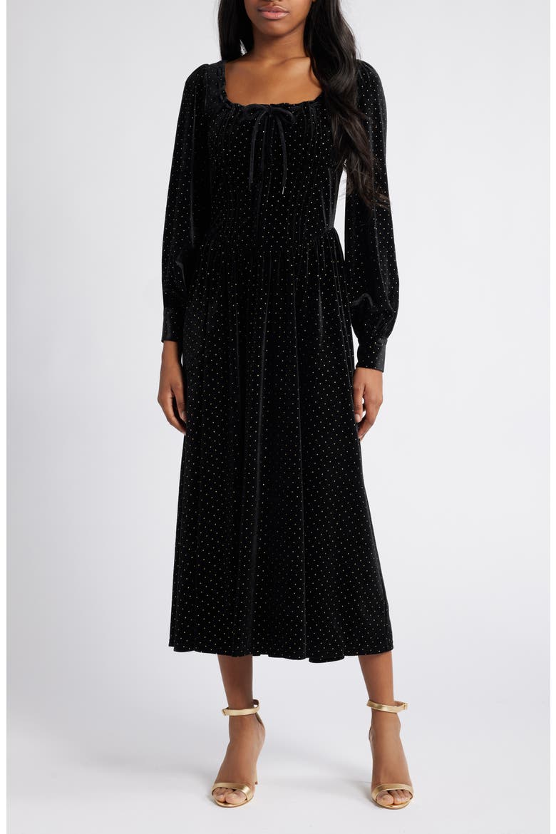 Metallic Long Sleeve Velvet Maxi Dress, Main, color, BLACK
