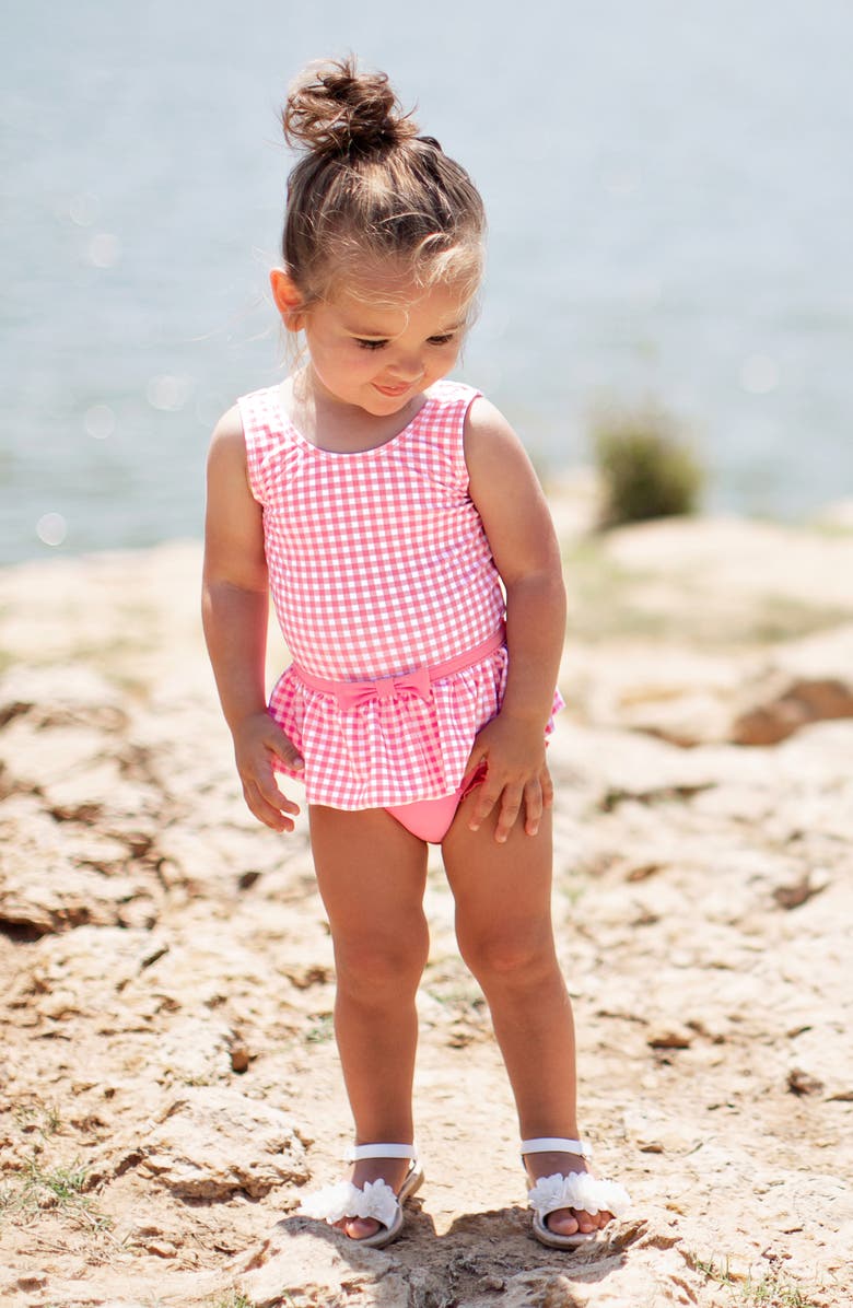 RuffleButts Rose Gingham One-Piece Swimsuit & Floppy Hat Set, Alternate, color, 