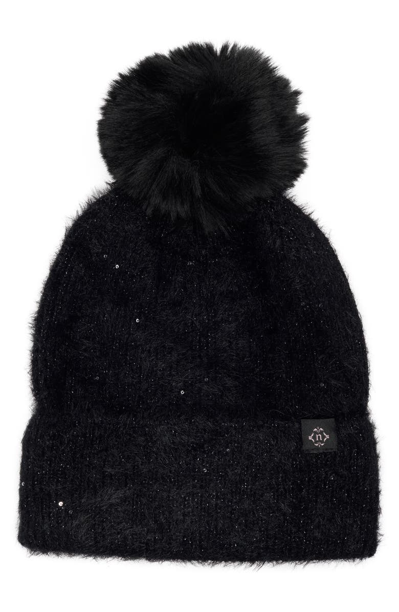 Nanette Lepore Metallic Knit Faux Fur Pom Pom Beanie, Main, color, 