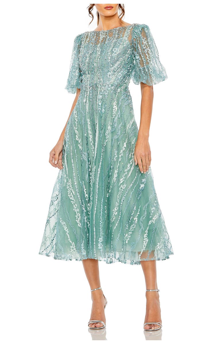 Mac Duggal Embellished A-Line Midi Dress with High Neck and Flutter Sleeves, Main, color, Seafoam