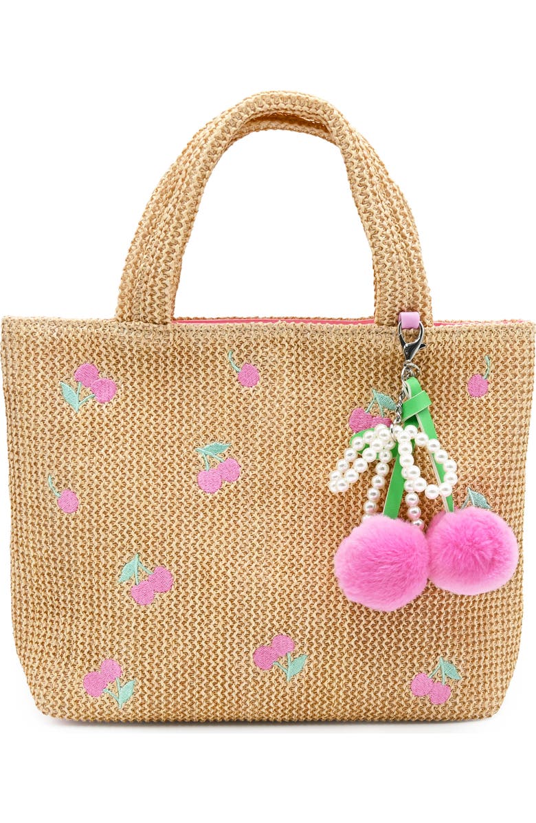 OMG Accessories Embroidered Cherry Straw Tote, Main, color, Beige/ Peony Pink