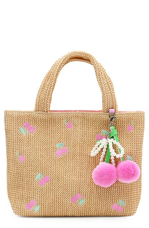Embroidered Cherry Straw Tote