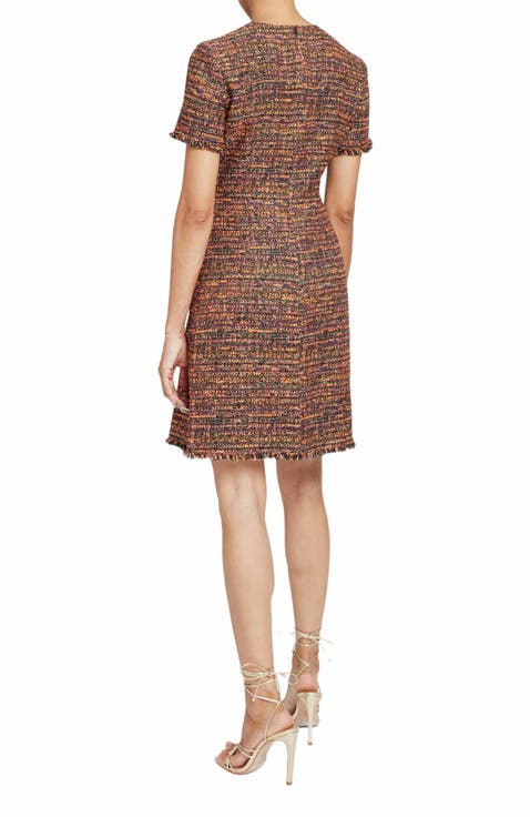 INDIRA Short Sleeve Knee Length Sheath Dress in Luxury Tweed
