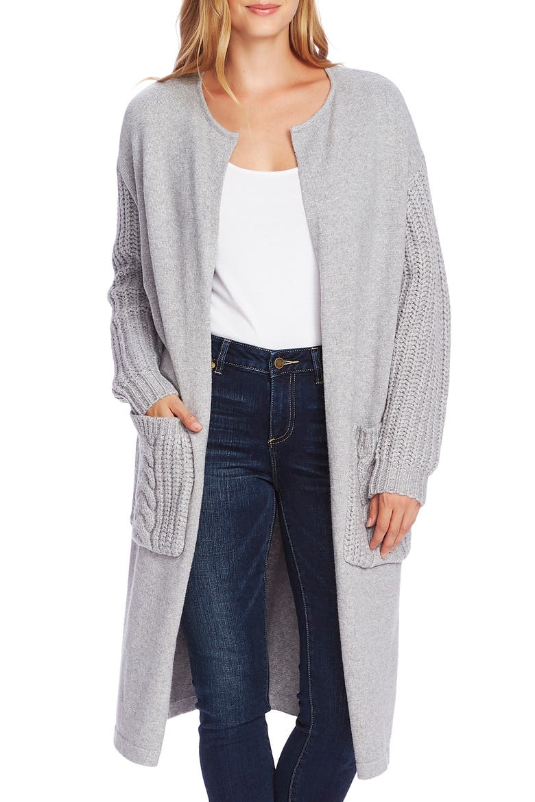 Cable Knit Detail Long Cardigan, Main, color, LIGHT HEATHER GREY