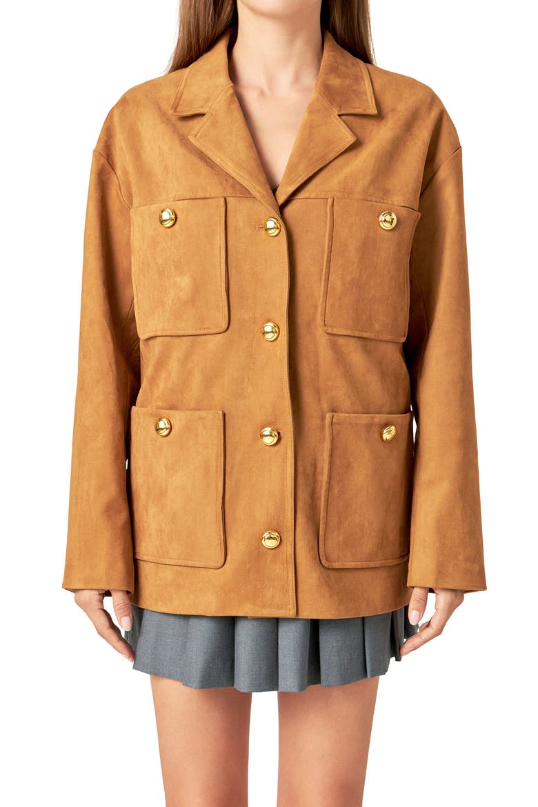 Padded Shoulder Stretch Faux Suede Jacket, Alternate, color, CAMEL