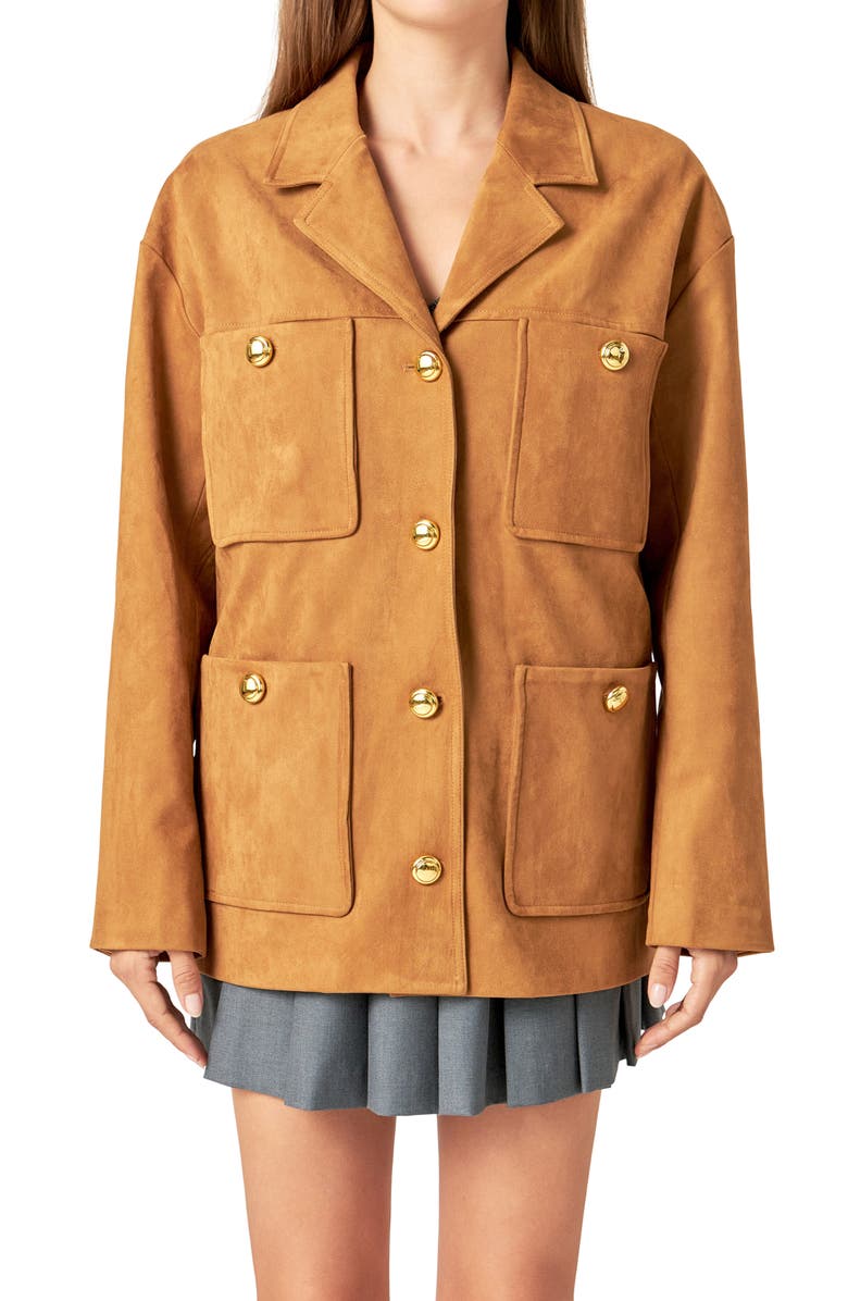 English Factory Padded Shoulder Stretch Faux Suede Jacket, Alternate, color, Camel