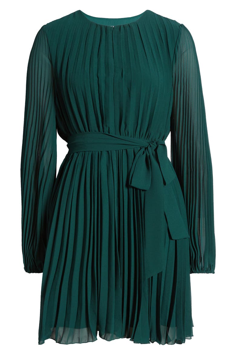 Tie Belt Long Sleeve Plissé Minidress, Alternate, color, HUNTER