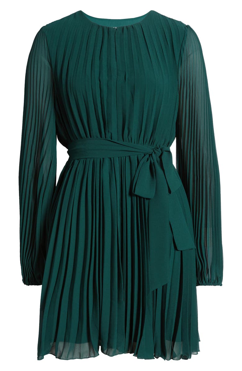 Sam Edelman Tie Belt Long Sleeve Plissé Minidress, Alternate, color, Hunter