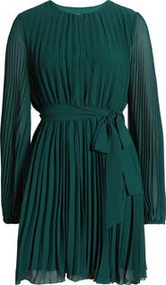 Sam Edelman Tie Belt Long Sleeve Plissé Minidress