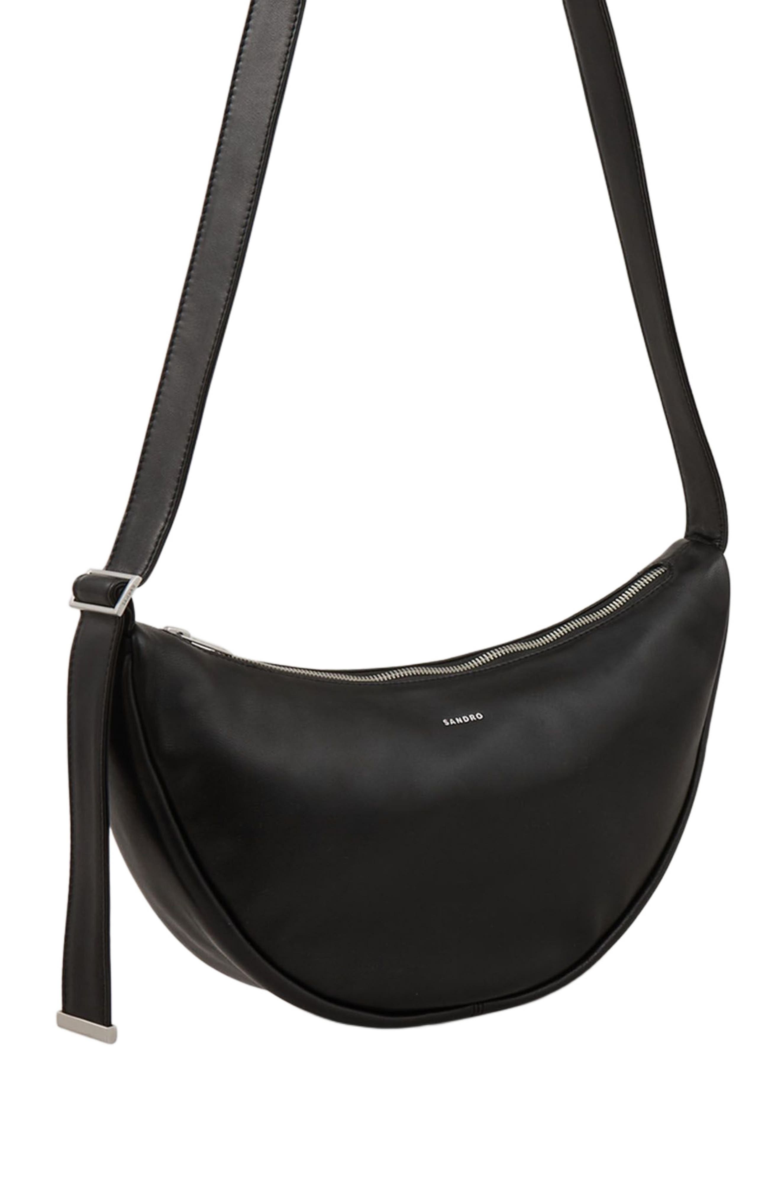 SANDRO Small leather hobo bag, Alternate, color, Black