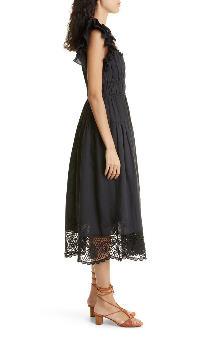 Ulla Johnson Leona Smocked Ruffle Linen Blend Midi Dress, Alternate, color,