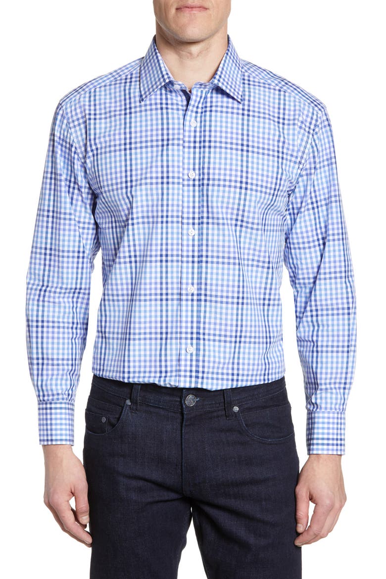 Trim Fit Check Dress Shirt, Main, color, BLUE