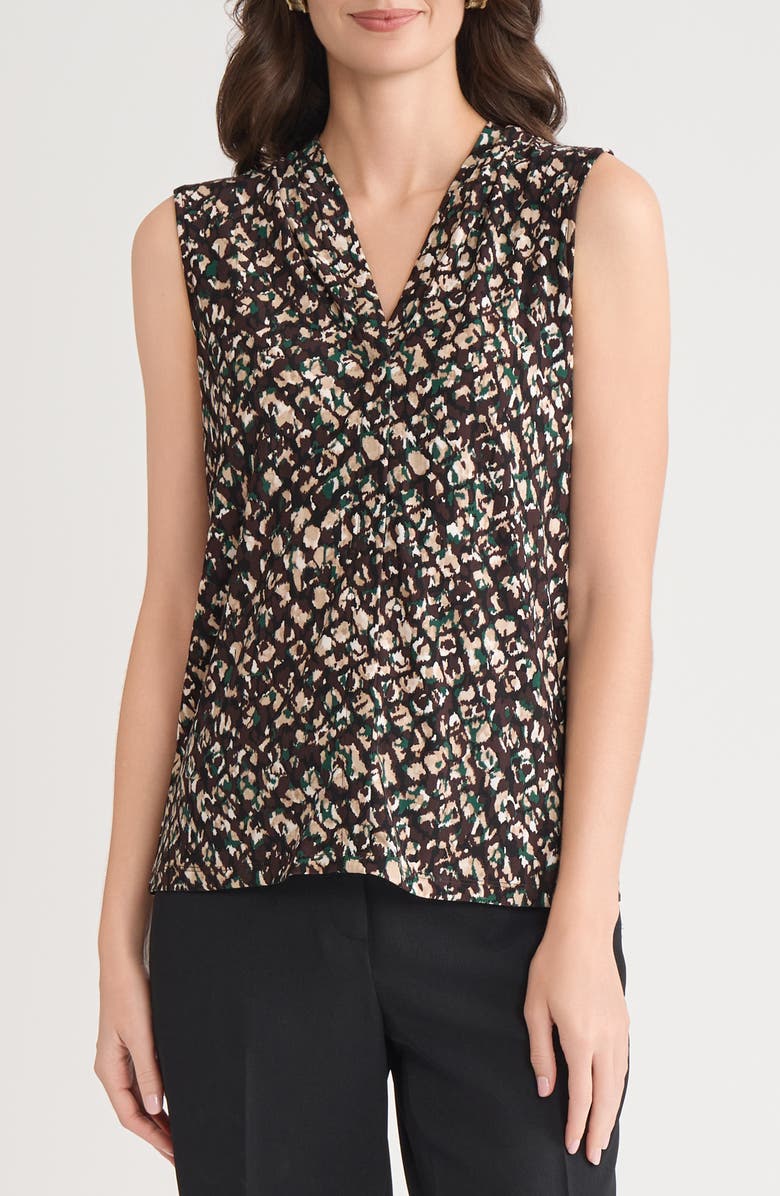 KASPER Print Pleated Sleeveless Shell, Main, color, Rich Chocolate Multi