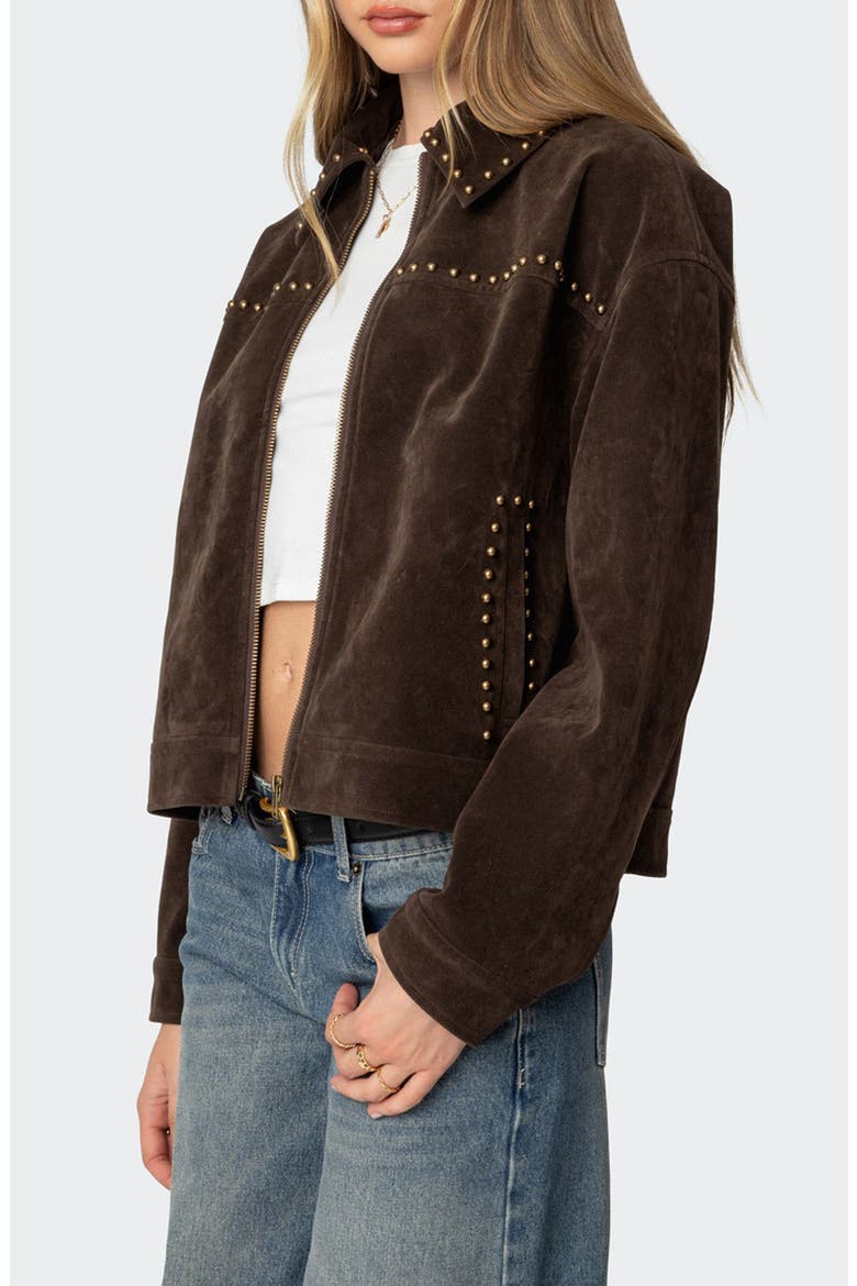 Memphis Studded Faux Suede Jacket, Alternate, color, BROWN