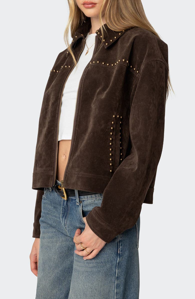EDIKTED Memphis Studded Faux Suede Jacket, Alternate, color, Brown