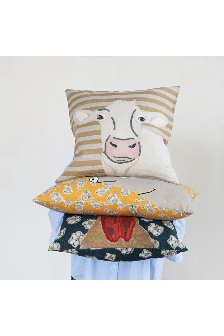 Cotton Blend Printed Pillow with Pig Image and Embroidery, Multicolor, Alternate, color, Yellow