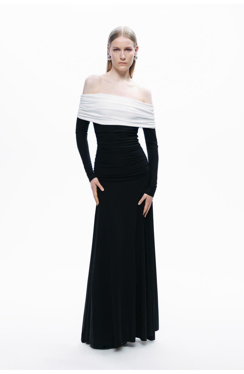 Nocturne Black and White Off-Shoulder Contrast Maxi Dress, Main, color, 