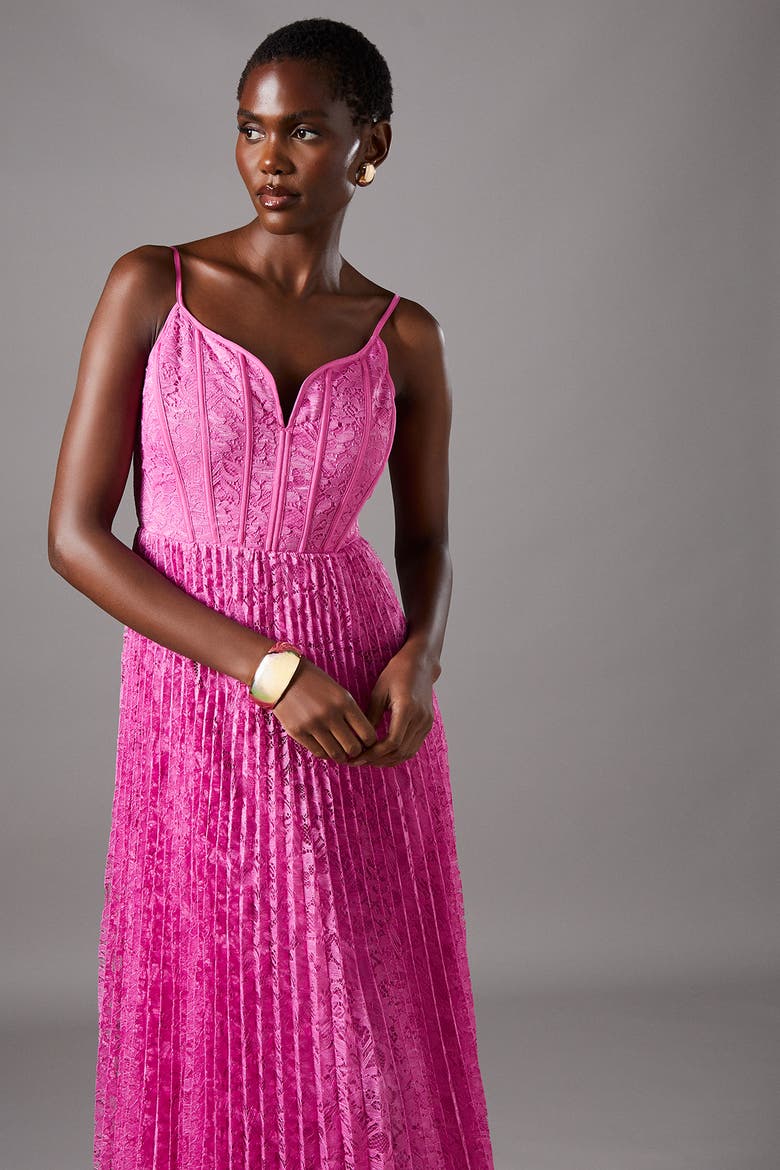 Lace Pleated Maxi Dress, Alternate, color, Pink