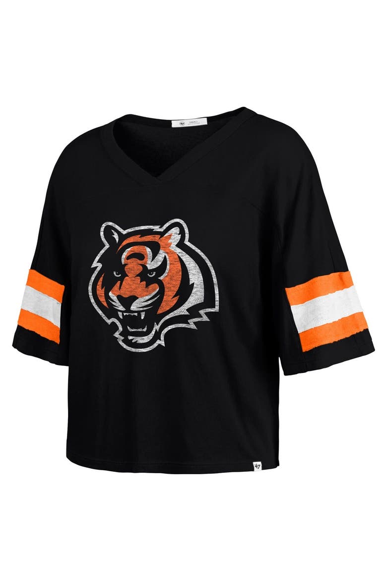 Women's '47 Black Cincinnati Bengals  Double Header Scout Cropped V-Neck T-Shirt, Alternate, color, Black