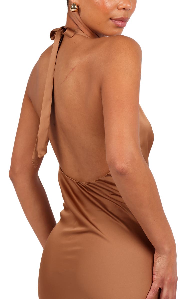 Petal & Pup Kalina Lace Trim Halter Satin Maxi Dress, Alternate, color, Bronze