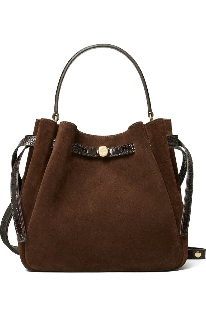 Tory Burch Romy Suede Bucket Bag, Main, color, Dark Cocoa