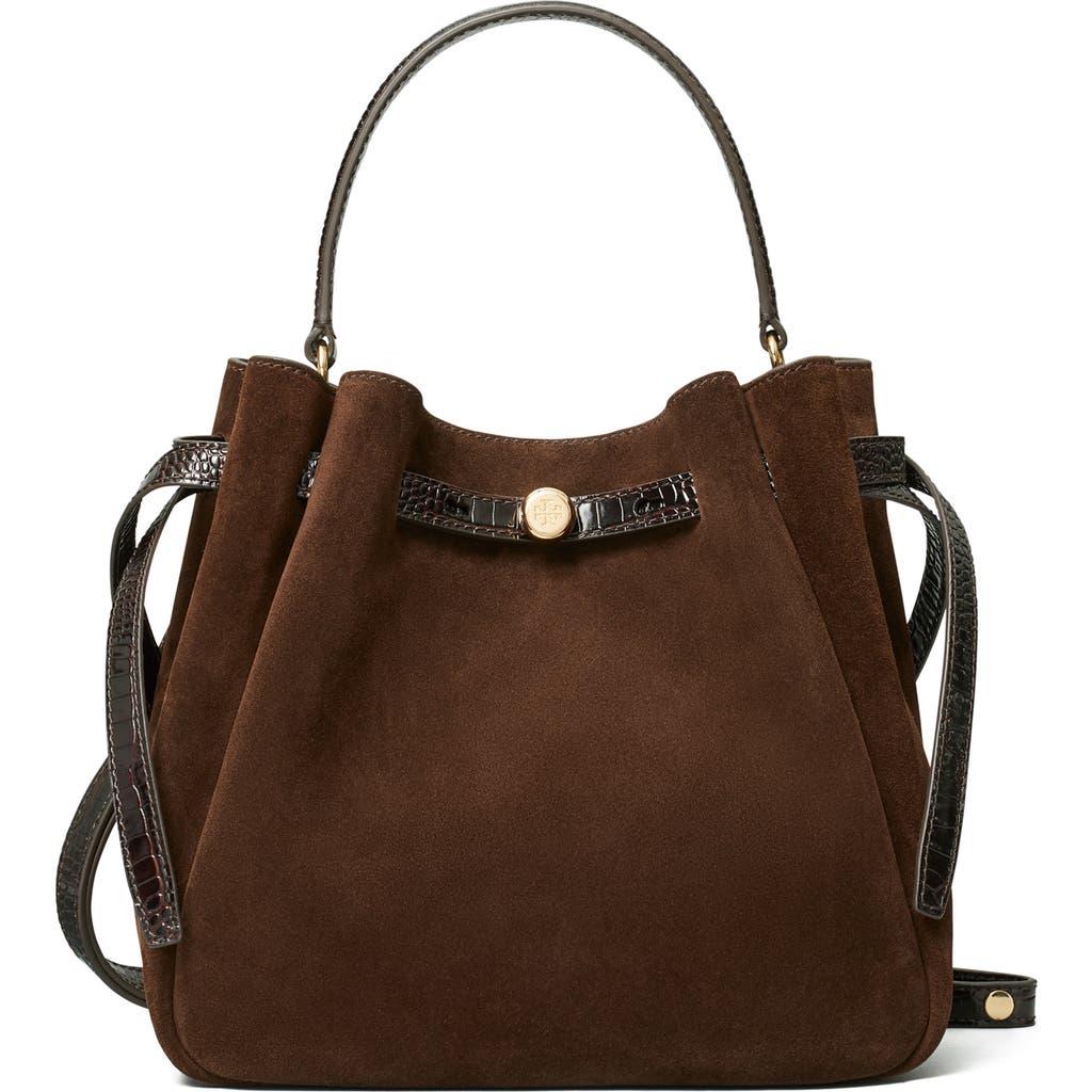 Tory Burch Romy Suede Belted Bucket Bag In Brown