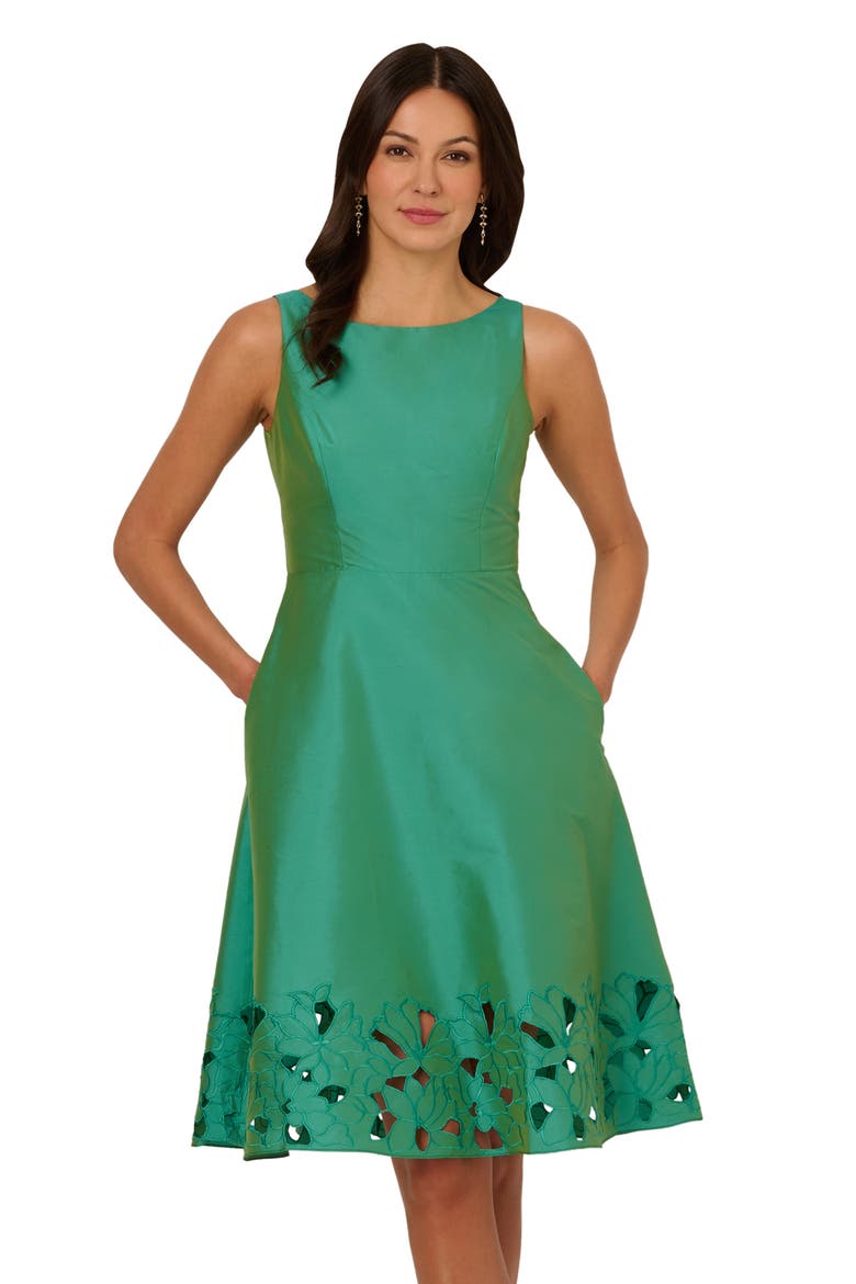 Cutwork Detail Taffeta Cocktail Dress, Alternate, color, PALM LEAF