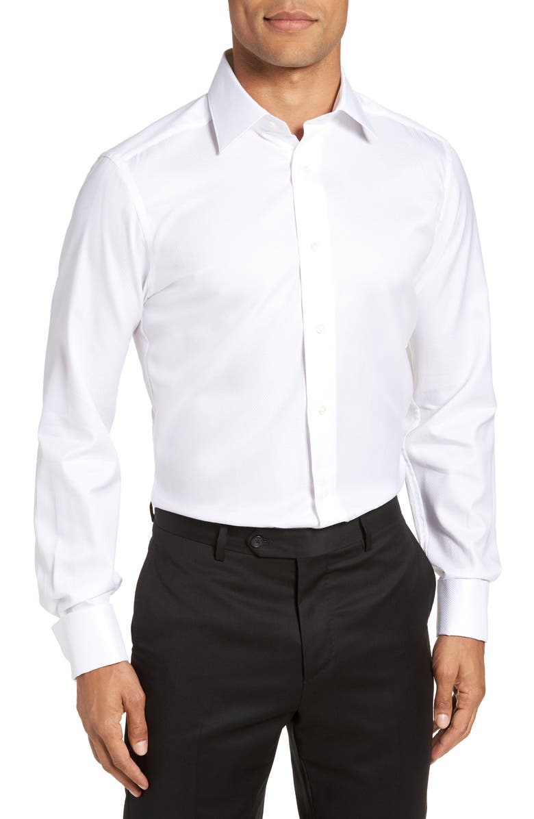 David Donahue Trim Fit Solid French Cuff Tuxedo Shirt, Main, color, White