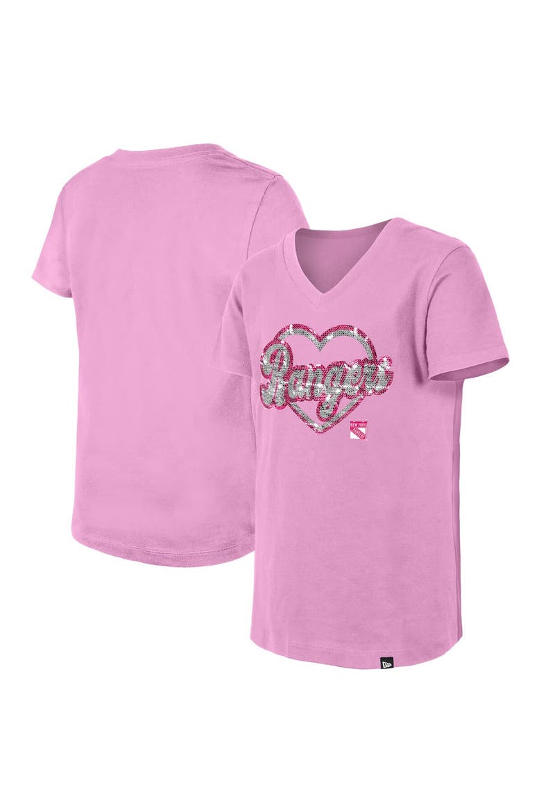 Girl's Youth New Era  Pink New York Rangers Flip Sequin V-Neck T-Shirt, Alternate, color, Pink