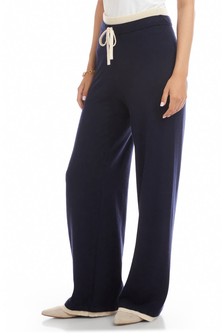 Contrast Trim Wide Leg Drawstring Pants, Alternate, color, NAVY/ CREAM