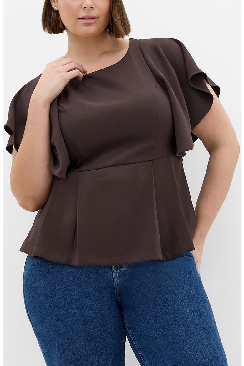 Flutter Sleeve Peplum Top, Main, color, CHOCOLATE