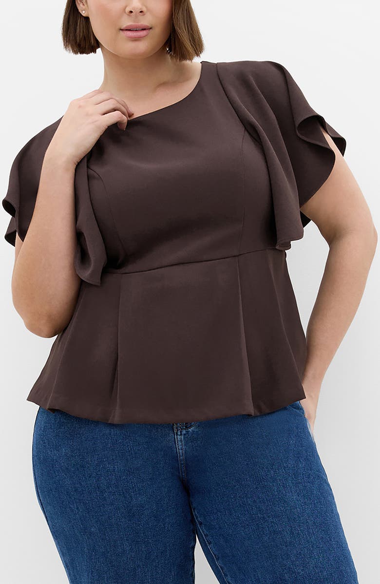 City Chic Flutter Sleeve Peplum Top, Main, color, Chocolate