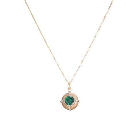 Emerald Green Round Halo Pendant Necklace
