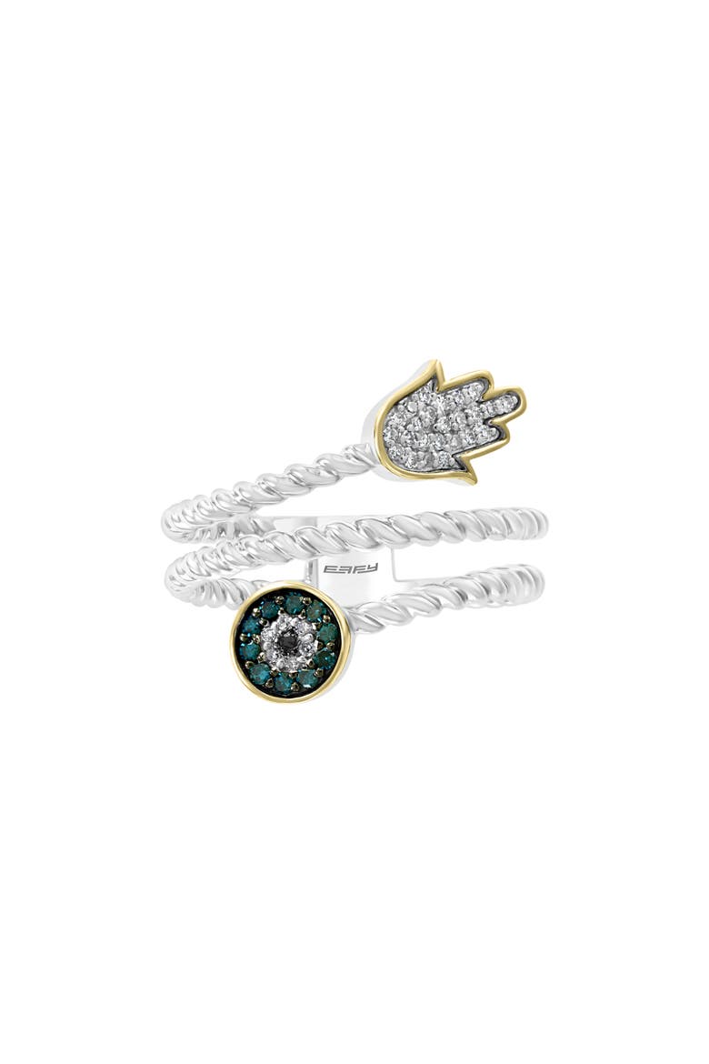 Sterling Silver & 14K Gold Hamsa & Evil Eye Diamond Ring - 0.17ct., Alternate, color, BLUE